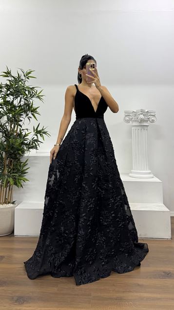 Black Velvet Top with Bow Straps and Special Design Evening Dress